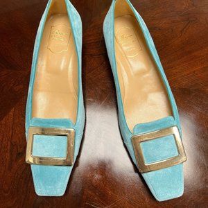 Roger Vivier Blue Suede Ballet Flats with Gold Buckle